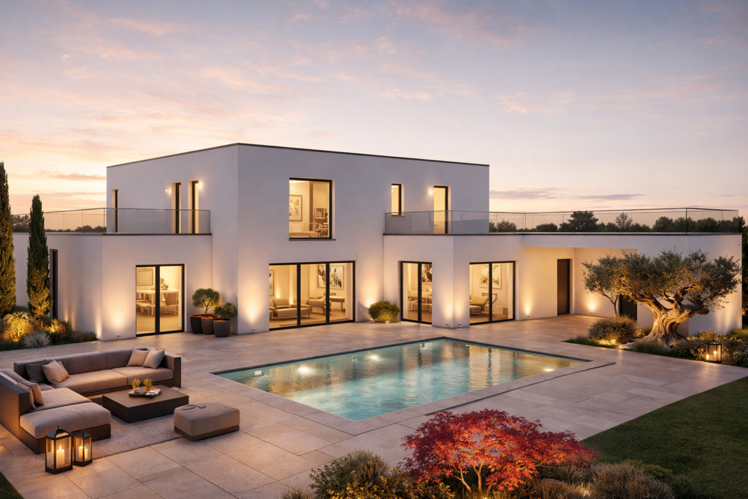 Maison contemporaine à toit plat avec grandes baies vitrées