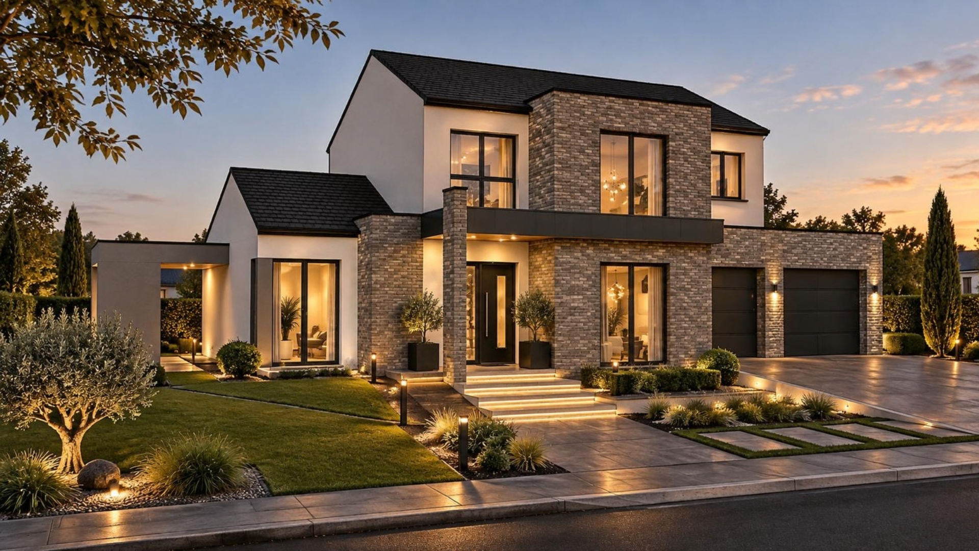 Maison contemporaine à étage avec façade en pierre et enduit blanc, construite par Maisons Claire en Moselle et dans le Grand Est